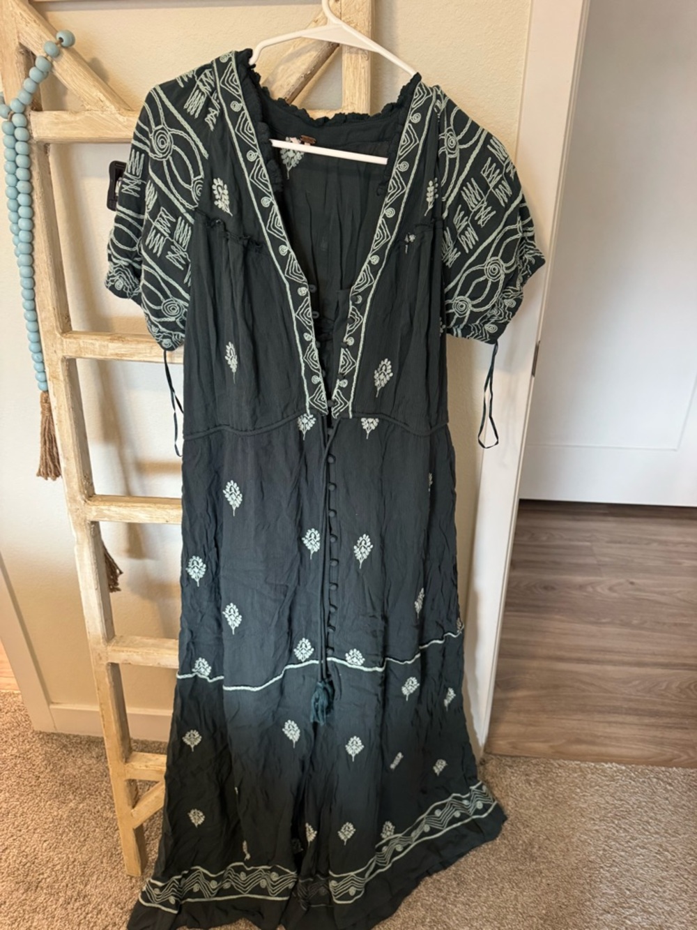 Free People Green Maxi Dress with White Embroidery